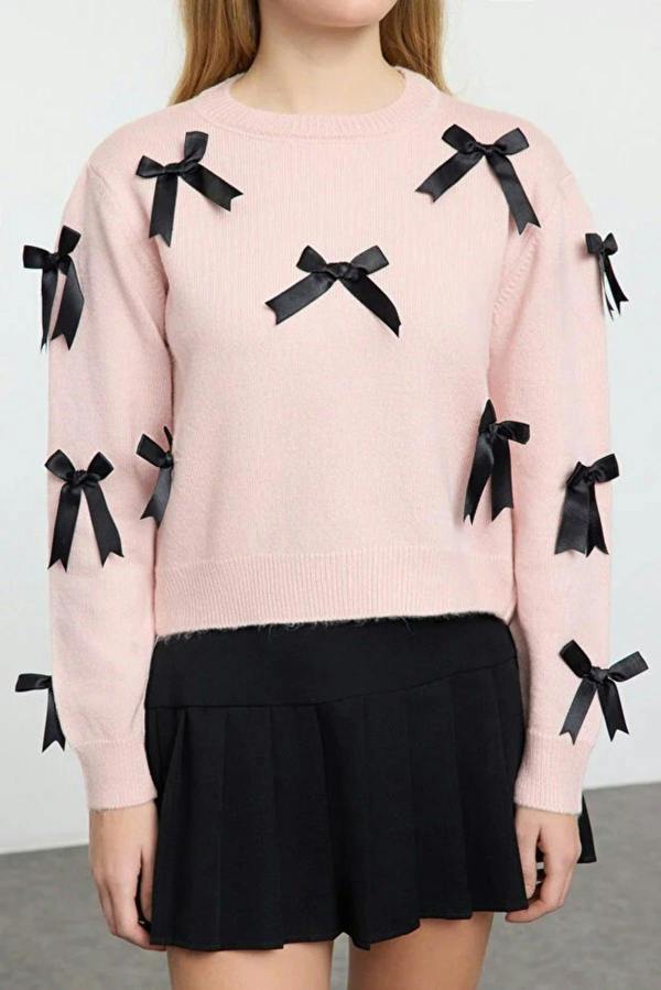 WOVCOR Soft Textured Knit Sweater with Bow Detail