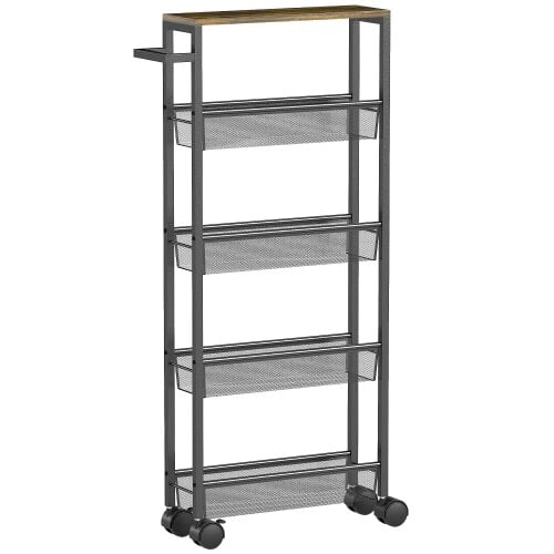 Wyld Haus Raelno Metal Black 5 Tier Slim Storage Trolley With Wood Effect Top And Handle