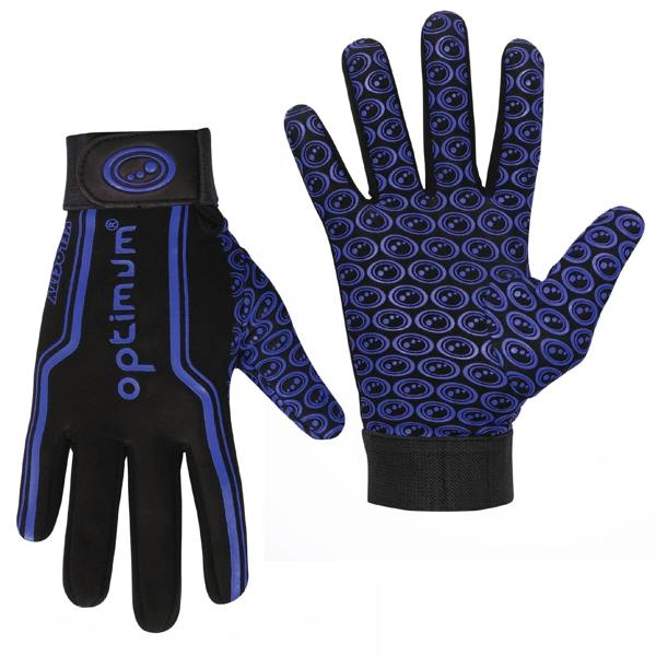 Pair of black and blue Optimum grip gloves, back with wrist strap and patterned grip palm on white - Optimum