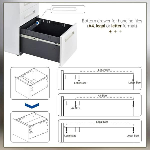 Open top view of white 3-drawer hanging file cabinet for A4, Letter, and Legal sizes.