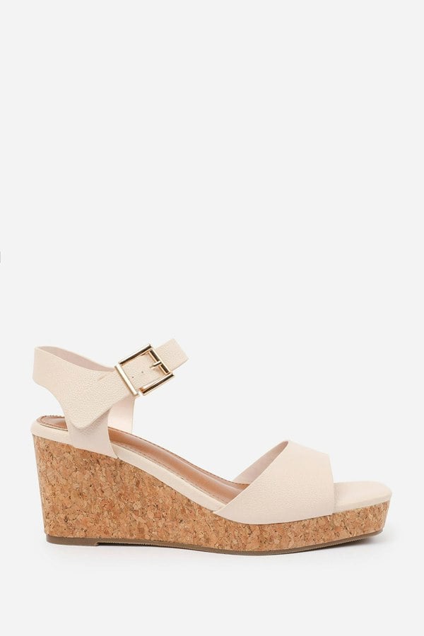 Where's That From Giselle  Wedge Sandals With Buckle Ankle Strap in Cream Grain Pu