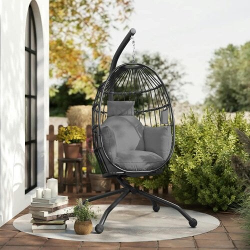 Bobobiy Hanging Egg Chair Garden Swing Chair with Folding Basket and Thickened Cushion, Garden Hanging Chair with Stand, Cup Holder, Dark Grey