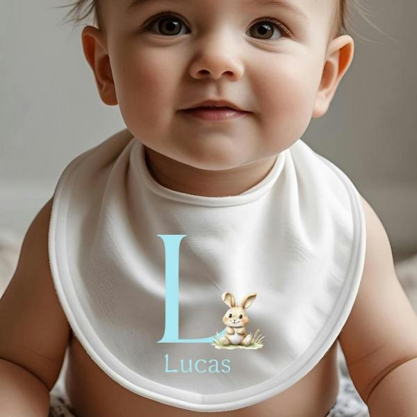 Personalised Bunny Blue Initial Baby Grow, Vest or Bib with Name
