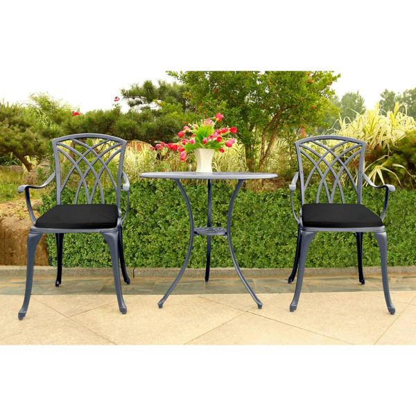 Homeology OSHOWA Grey Aluminium Weatherproof Outdoor Table and 2 Comfortable Chairs with Armrests Bistro Set with Black Cushions