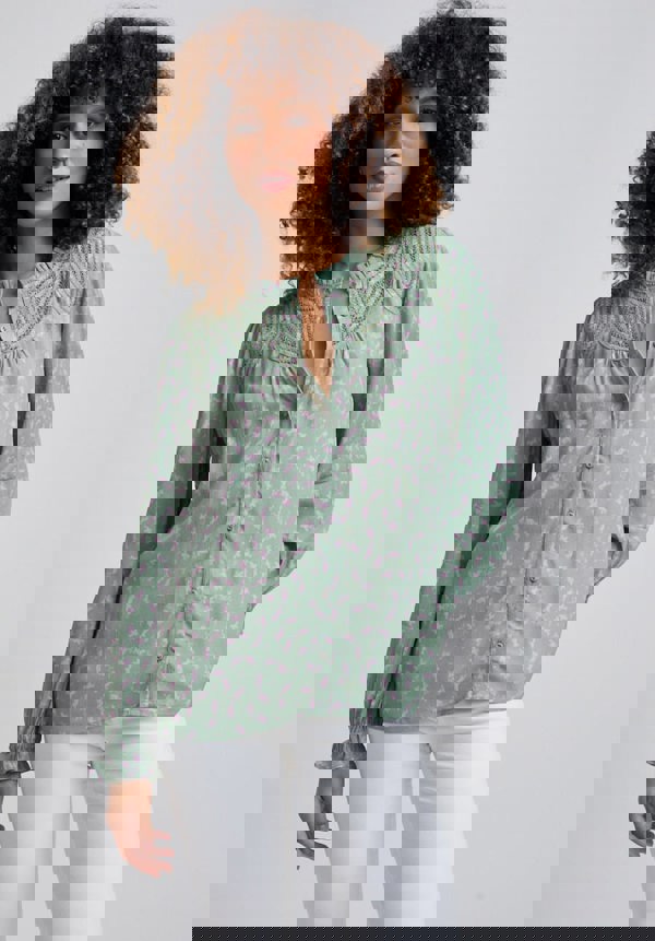 Light green Printed Blouse with gathered cuffs and embroidered neck detail 