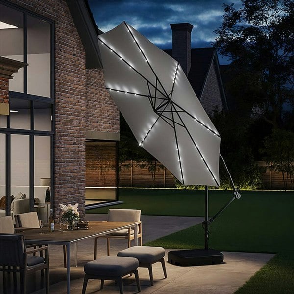 Light Grey 3m Iron Banana Umbrella Cantilever Garden Parasols with LED Lights Parasols Living and Home