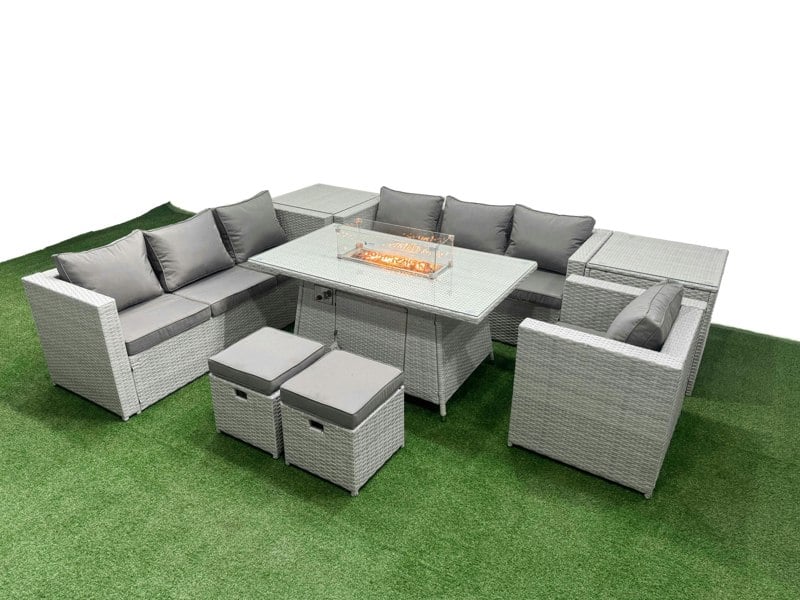 Fimous 9 Seat PE Rattan Lounge Sofa Set Outdoor Garden Furniture Set with Fire Pit Dining Table 3 Seater Sofa 2 Small Stools 2 Side Tables Light Grey