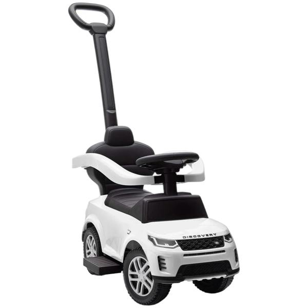 White baby ride-on push car with steering, raised safety guard and long push handle