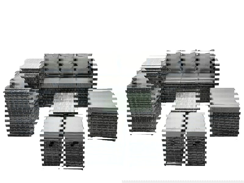 Fimous Outdoor Rattan Garden Furniture Set 7 Seater Patio Lounge Sofa Set with Armchair Square Coffee Table Side Table 3 Footstools Dark Grey Mixed