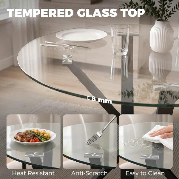 Round Dining Table for 4, 80cm Modern Kitchen Table with Tempered Glass Top and Cross Steel Legs, Clear