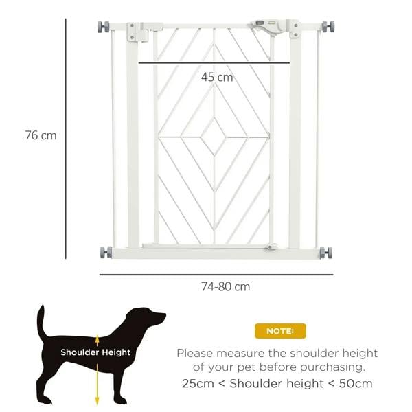 White stair gate size chart with pressure fit frame for 74-80 cm openings and height 76 cm