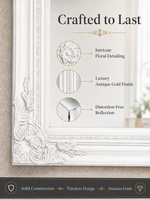Downton Interiors Antique Style Extra Large White Wood Frame Wall Mirror 106cm x 75cm