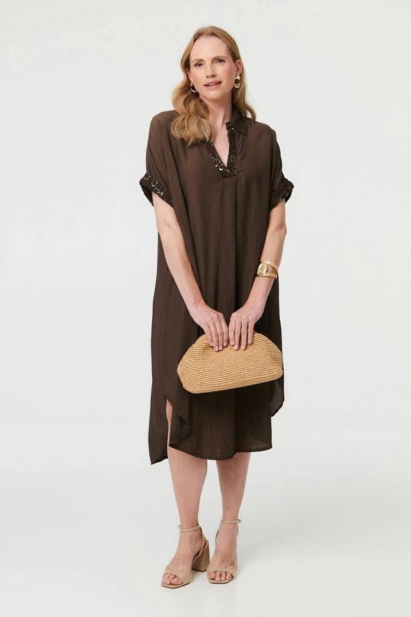 Brown | Sequin Trim V-Neck Relaxed Midi Dress