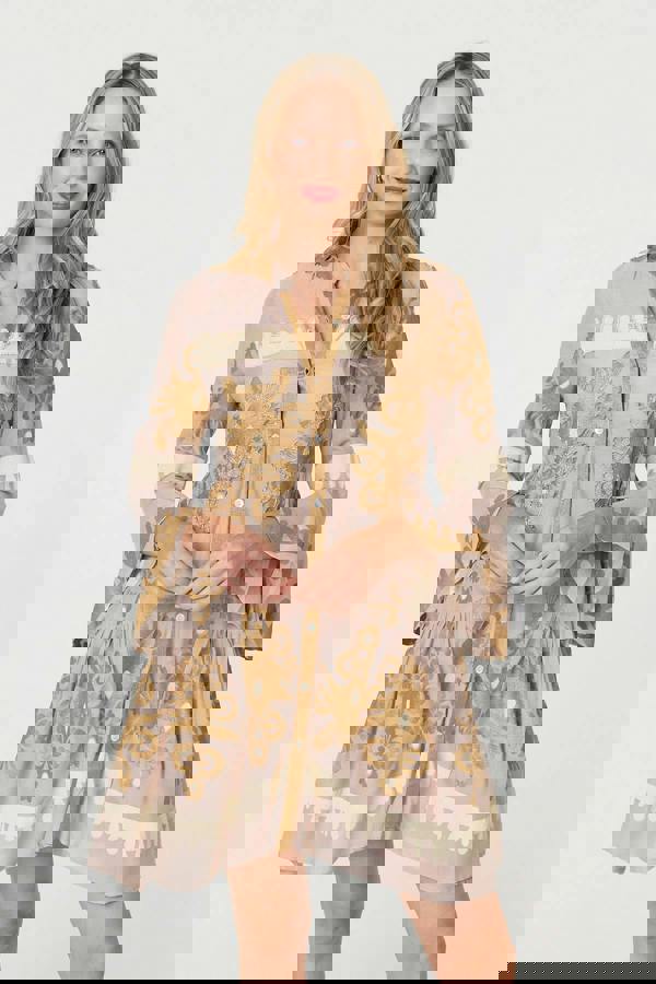 Beige | Baroque Print Long Sleeve Short Dress