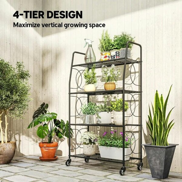 Bobobiy 4-Tier Metal Plant Stand, Heavy Duty Ladder Shelf Potted Plants Display Rack with Lockable Wheels