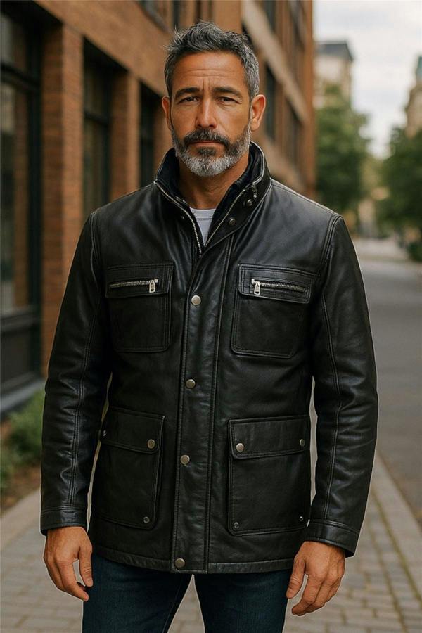 Infinity Leather Men’s Leather Military Jacket Outwear Trenchcoat - Field