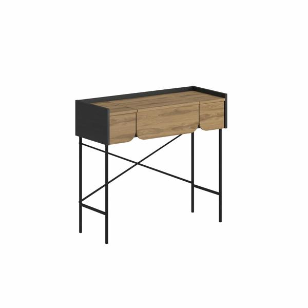 Decortie Modern Terra Dressing Table Lift-Up Mirror Storage Space 2 Drawers Bedroom Vanity Table W100xD40cm Whiskey Oak Black Wood