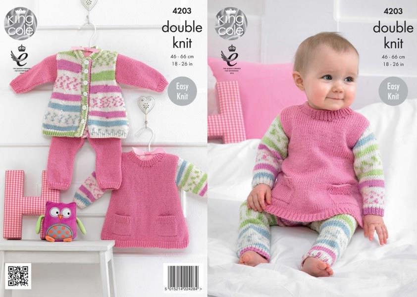 King Cole Cherish Knitting Pattern 4203, Leggings, Tops, Tunics, Cardigans for Baby, 18 - 26 Inches - Easy