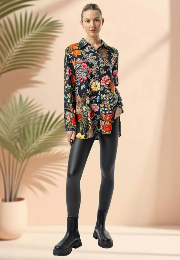 ANGELEYE Deluxe Luxurious Viscose Twill Black Shirt in Premium Floral Print