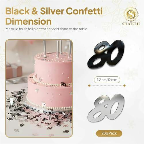 80th Birthday Black & Silver Metallic Confetti Range, Foil Table Decoration Set image 1