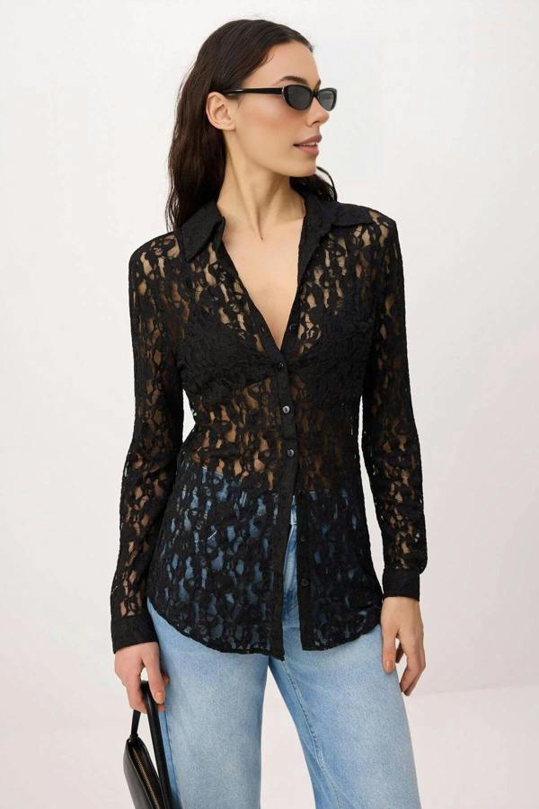 WOVCOR Plain Fitted Shirt Collar Long Sleeve Lace Knit Shirt