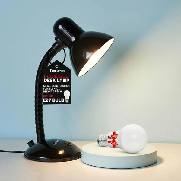 Powatron Flexible Desk Lamp with Bulb Adjustable Neck Metal Construction On/Off Switch & 1.5m Cable W/BS Approved Plug Mains Powered Desk Lamps