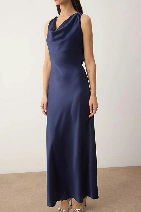 WOVCOR A-Line Cowl Neck Satin Maxi Elegant Dress