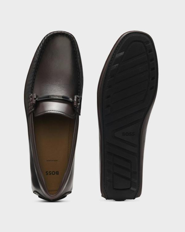 BOSS Orange Noel Mens Leather Driver Shoes with Branded Hardware - Dark Brown 205 | CHO | Designer Mens Shoes