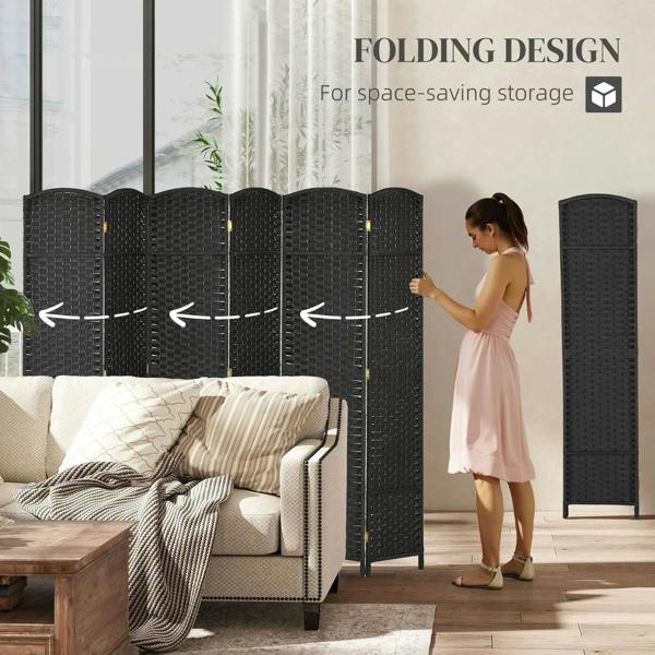 Black 6-panel folding privacy screen divider with arched top for space separation
