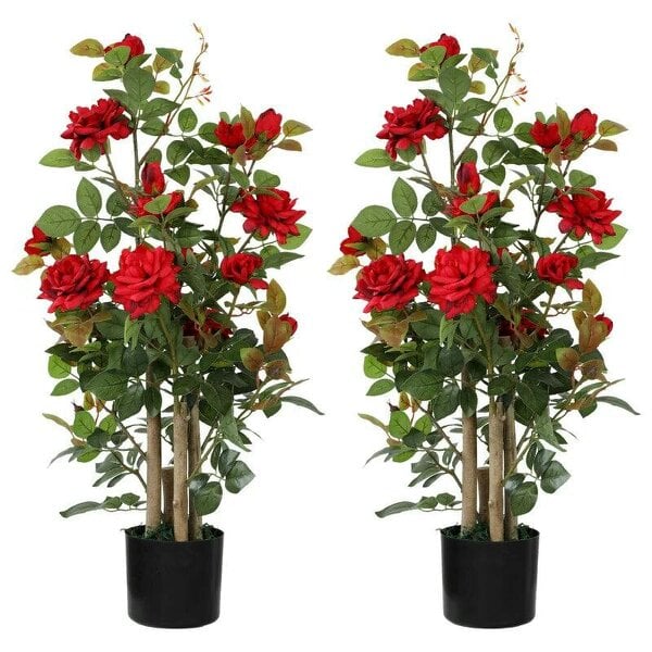 90cm Artificial Rose Tree Set of 2, Decorative Fake Plant with 344 Silk Leaves 17 Flowers for Outdoor Indoor Decor, Red