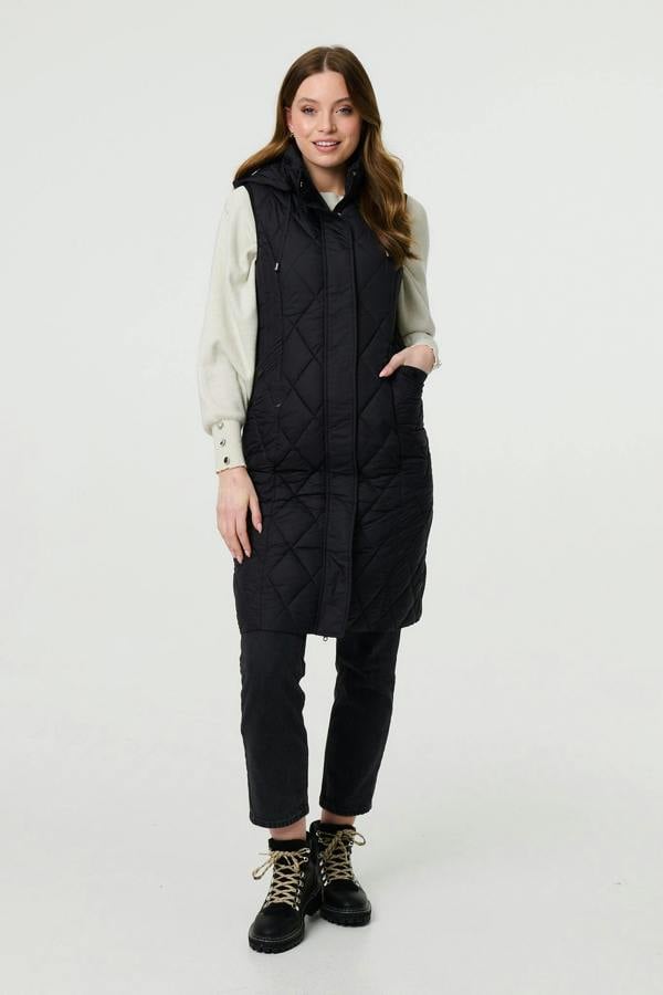Black | Hooded Sleeveless Longline Puffer Gilet
