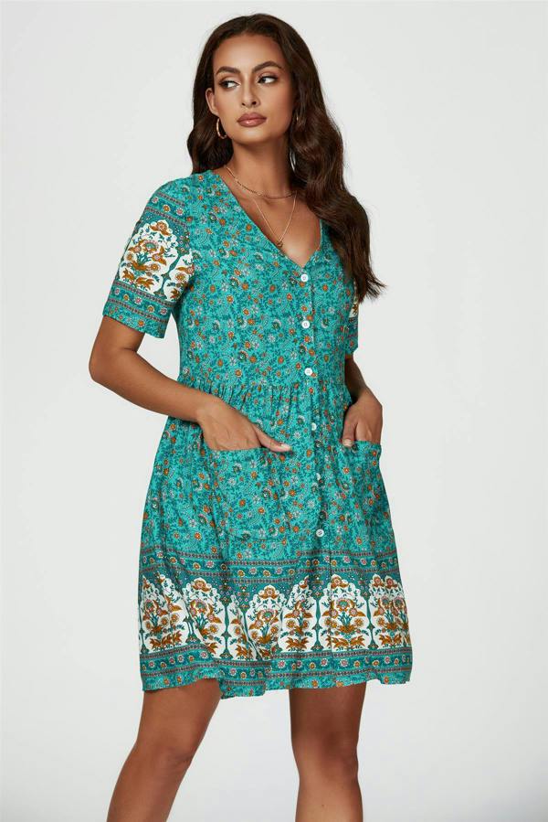 FS Collection Print Boho Mini Dress In Green