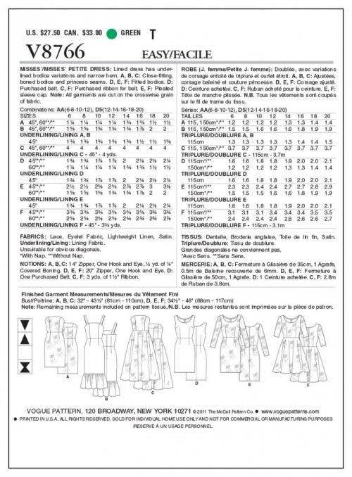 Vogue Sewing Pattern 8766, Dresses for Women, 6-8-10-12 - Easy