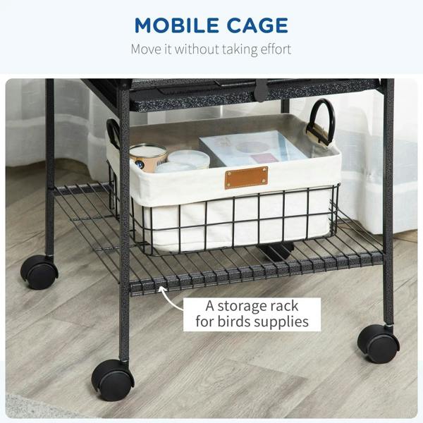 Mobile dark grey bird cage with lower rack and storage bin on rolling wheels
