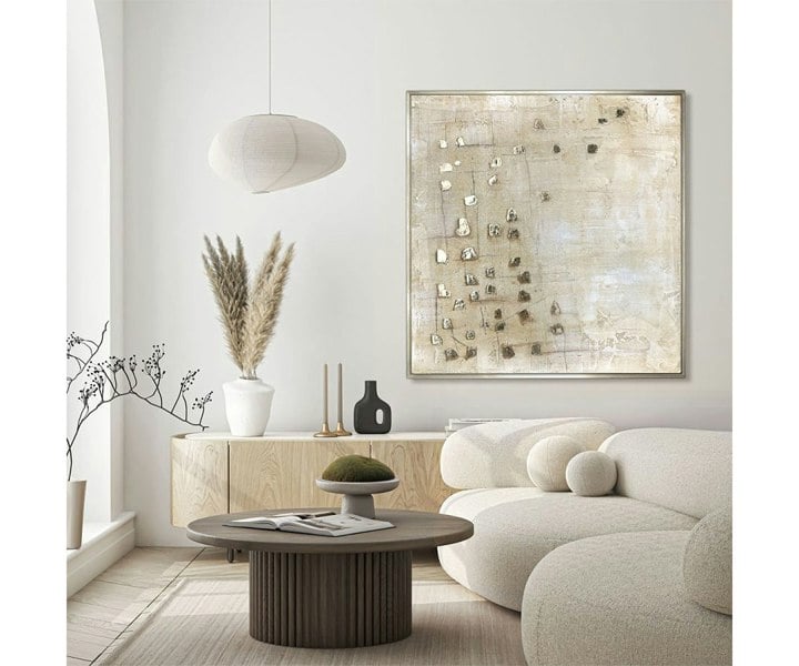 Luxury interior design showcasing the Latom 01 abstract art by Quintessa, perfect for enhancing modern home aesthetics.