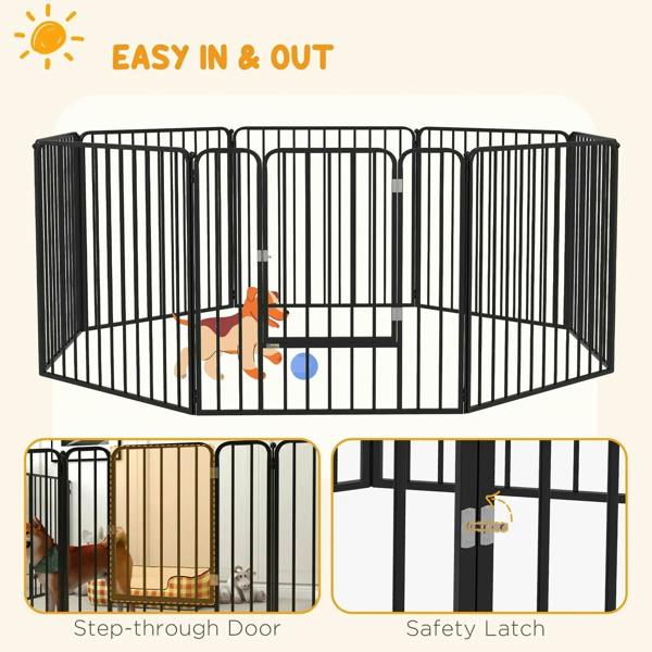 Black 8-panel dog pen with step-through door and safety latch features
