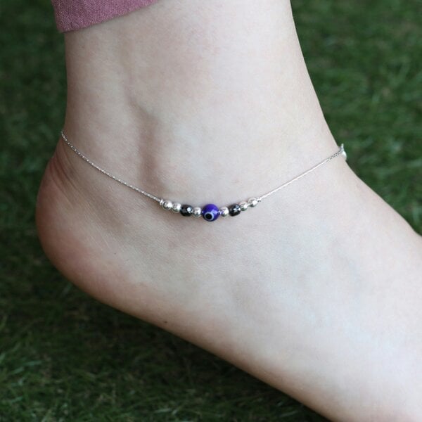 The Colourful Aura Pure Silver Beaded Evil Eye Nazar Payal Anklet with Charm Cluster