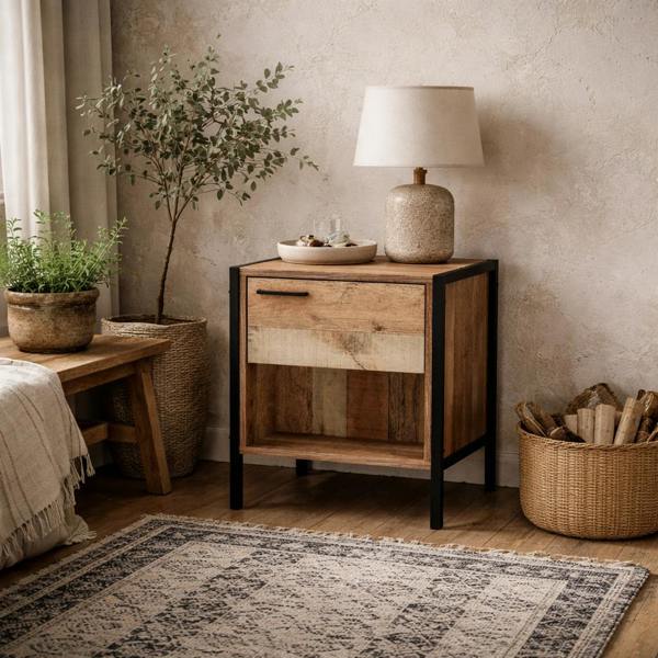 Wyld Haus Lucan Oak Effect Distressed  Bedside Table 1 Drawer Open Shelf