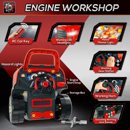 Bobobiy Kids Truck Engine Toy Set, Toddler Educational Car Service Station Playset, Take Apart Workshop, Light, for 3-5 Years Old Red