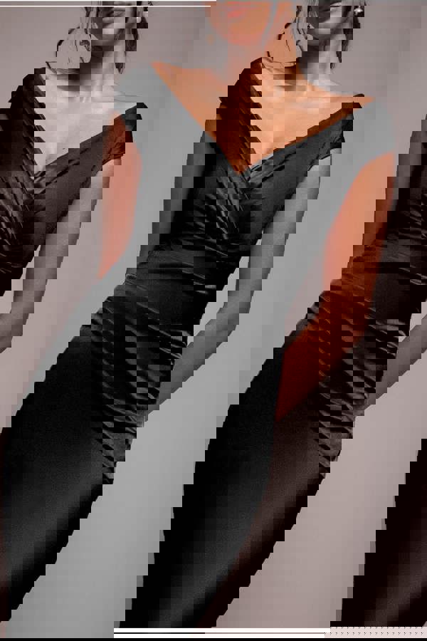 Satin Off The Shoulder Maxi Dress - Black DR3580