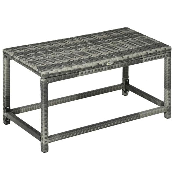 Grey woven rattan-look rectangular outdoor coffee table with metal frame and lower shelf