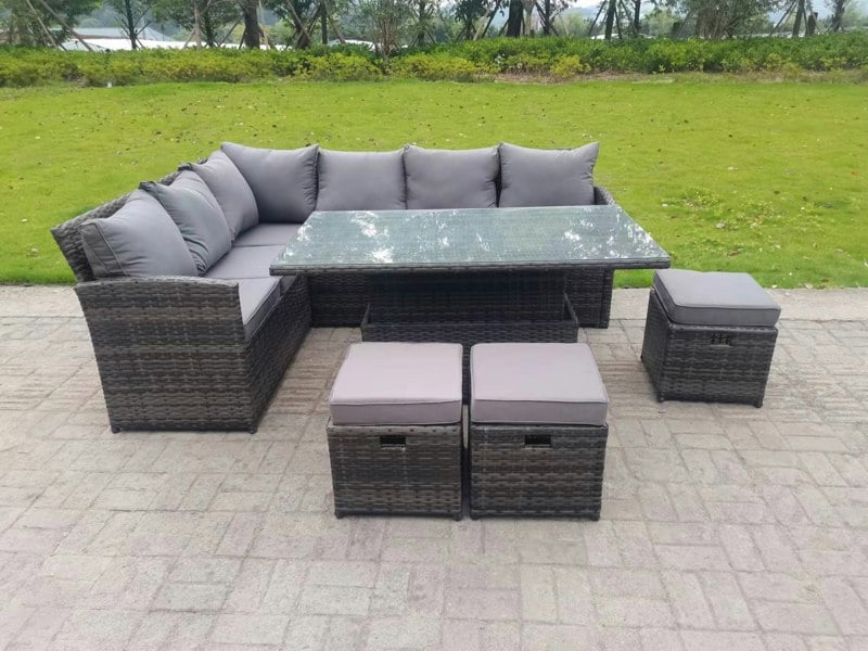 Fimous High Back Corner Rattan Garden Furniture Sofa Rising Dining Table Height Adjustable 9 Seater 3 Small Foot Stools