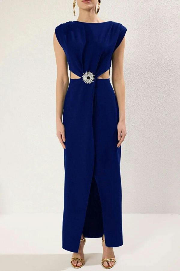 WOVCOR Woven Long Elegant Evening Dress with Accessory Details