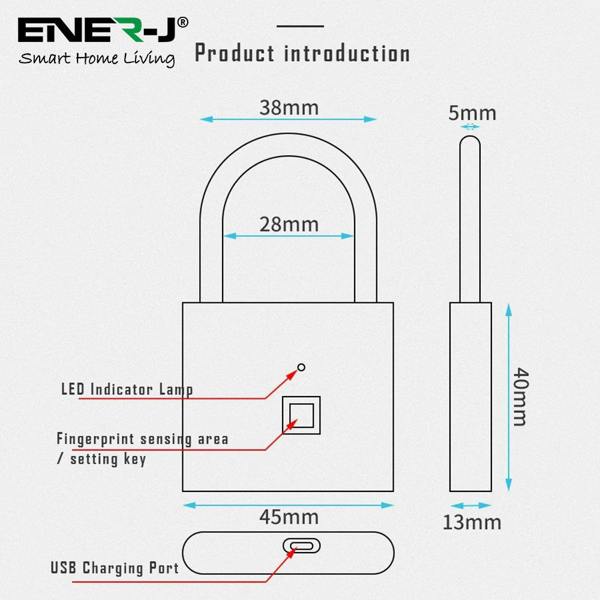 ENER-J Smart Fingerprint Padlock, USB Rechargeable Biometric Lock, 10 User Access, 9,000 Unlocks, Gym, Lockers, Bikes & Travel, Black
