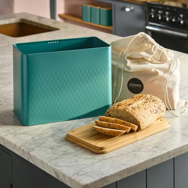 Cooks Professional Embossed Bread Bin, Linen Bag and Bamboo Board Set | Teal