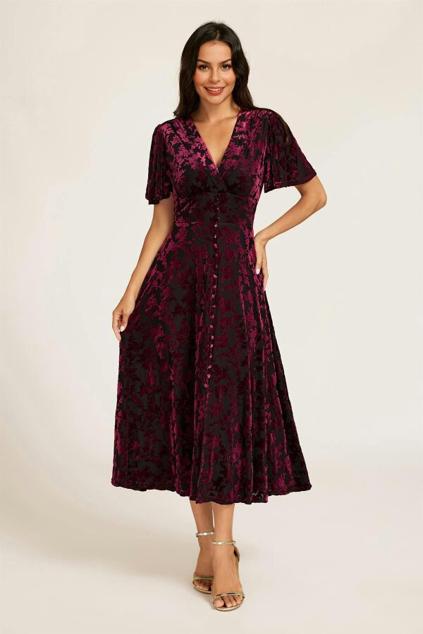 FS Collection Floral Velvet Devore V neckline Dress In Wine