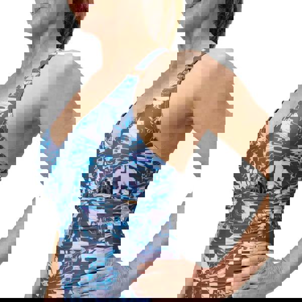 Speedo shaping printed V neck swimsuit in purple grey with blue white abstract print