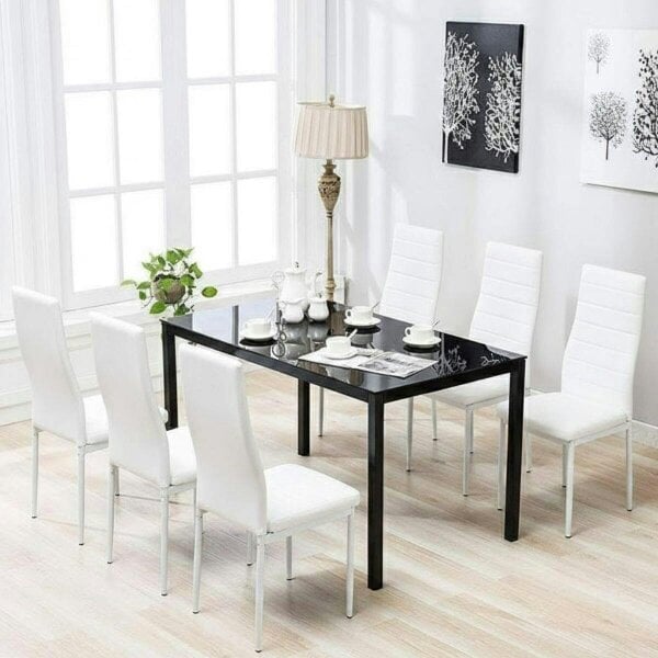 Kosy Koala Black Glass Dining Table Set With Set of 6 White Faux Leather Chairs Dining Room Furniture