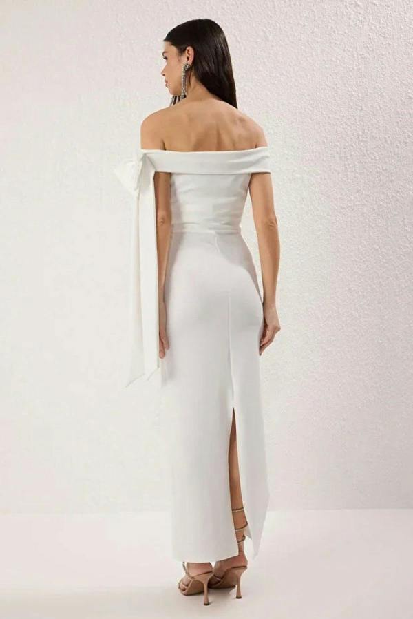 Hoxton Gal Elegant Fitted Knit Evening Dress with Shoulder Bow Detail