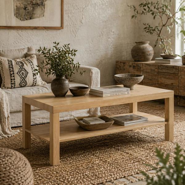 Wyld Haus Wooden 90cm Natural Finish Rectangular Coffee Table with Bottom Shelf